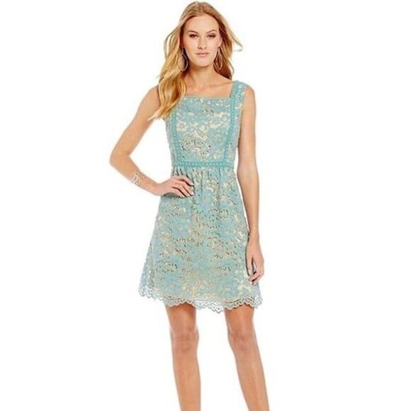 Chelsea & Violet Dresses & Skirts - Chelsea & Violet Teal Lace Dress Nude Lined Sleeveless Square Neck Fit Flare XS